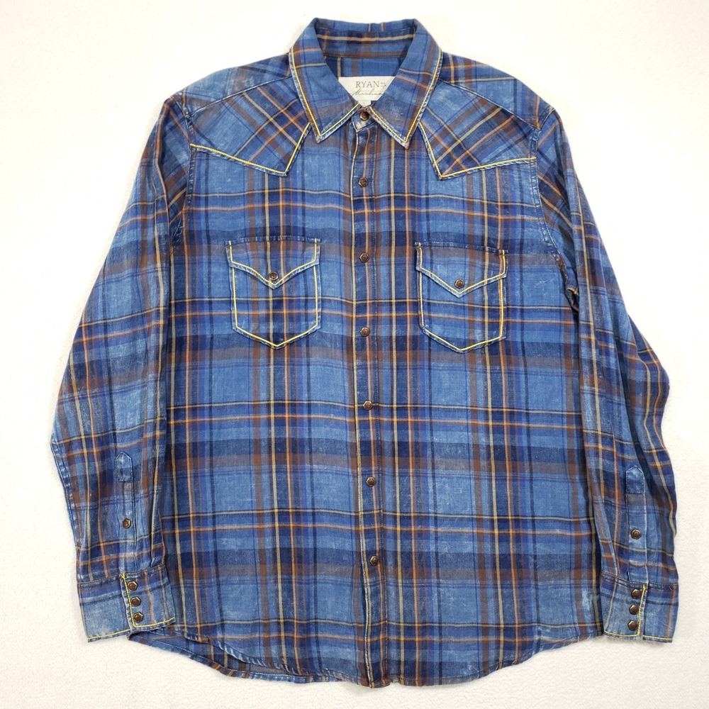 Ryan Michael Pearl Snap Shirt Mens Large Indigo Blue Plaid Western C102CY Cowboy